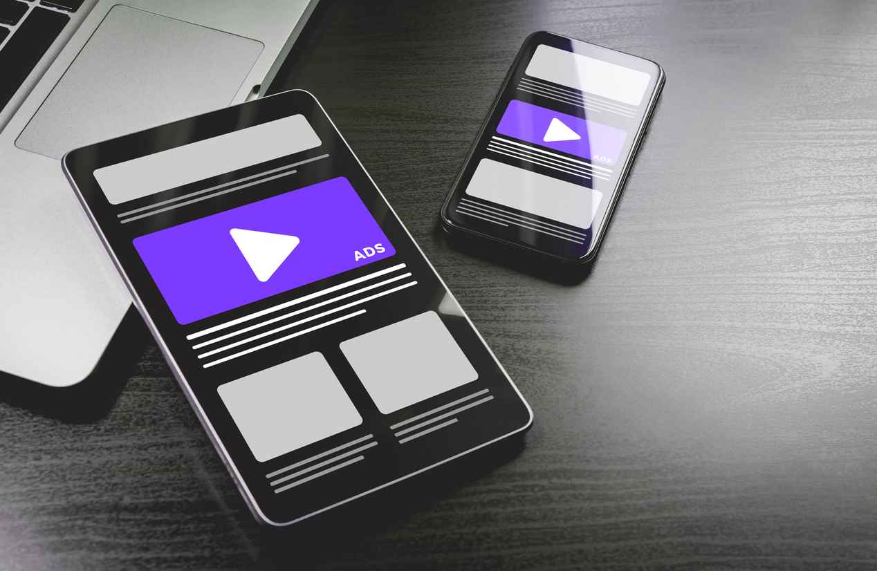 Programmatic Native Advertising - online targeting, ads marketing strategy. Advertising media banner block on sites and social networks on the screens of mobile gadgets